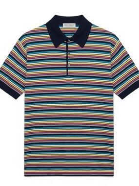 John Smedley Knit Polo Shirt Size XL Navy Multicolor Stripe Preppy